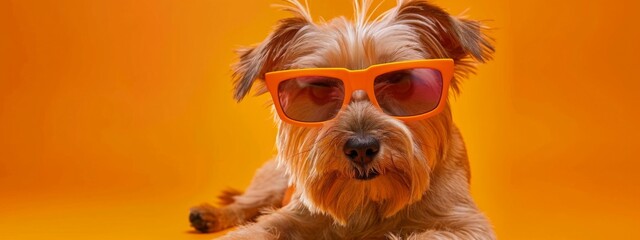 Closeup portrait of terrier dog in fashion sunglasses. Funny pet on bright yellow background. Puppy in eyeglass. Fashion, style, cool animal concept with copy space