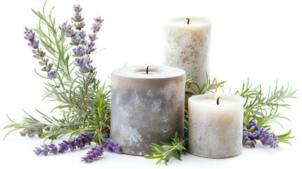 Lavender candles surrounded by sprigs of purple flowers, evoking serenity and relaxation.