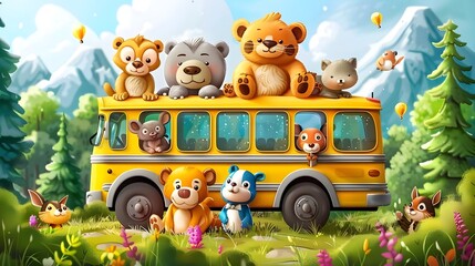Obraz na płótnie Canvas Cartoon Animals Embarking on a School Bus Adventure,Exploring and Learning in a Whimsical Nature Landscape