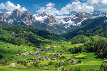 Fototapeta na wymiar A picturesque view of the Dolomites in Italy, showcasing green meadows and small villages nestled among majestic peaks