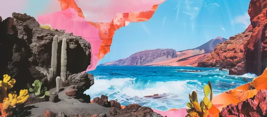 Fototapeten Collage of a vibrant seascape with waves crashing on rocky shores, adorned with cacti and succulents, under a sky painted with abstract, colorful shapes. © Andrey