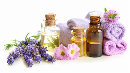 Fototapeta na wymiar Rolled towels, essential oils, and lavender create a serene spa setting on a white background.