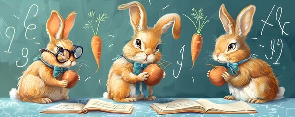 Adorable Rabbit Mathematicians Solving Carrot Equations in Animated Classroom Scene - obrazy, fototapety, plakaty