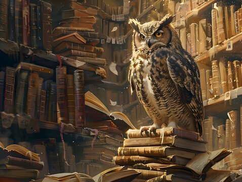 Wise Owl Perched Amidst Towering Tomes in Enchanting Antique Library Scene