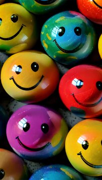 Close-up of smiling emoji marbles with glossy finishes and joyful expressions, symbolizing happiness and positive communication.