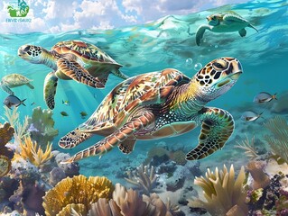 Naklejka premium Animated Turtles Teaching Marine Biology on Vibrant Coral Reef Underwater Landscape