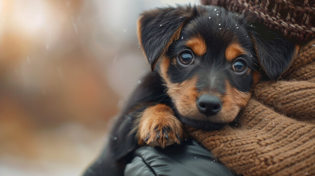 A close-up image capturing a black and tan puppy with soulful eyes peeking out from the embrace of someone in a brown knit scarf and black jacket, with snowflakes gently falling around.