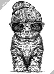 Vintage engraving isolated cat glasses dressed fashion set illustration kitty ink sketch. Pet background kitten silhouette whisker sunglasses hipster hat art. Black and white hand drawn vector image - 765563100