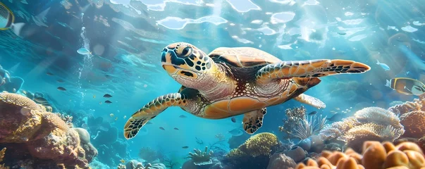 Foto op Plexiglas anti-reflex Majestic Sea Turtle Exploring Vibrant Coral Reef in Oceanography Class © Wuttichai