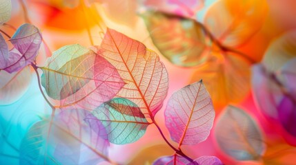 Macro shot of skeletonized leaves, fine structure and transparency, with blurred colorful background