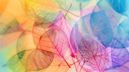 Macro shot of skeletonized leaves, fine structure and transparency, with blurred colorful background