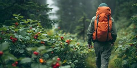 a hiker wearing an orange backpack and jacket exploring a dense verdant forest landscape - obrazy, fototapety, plakaty