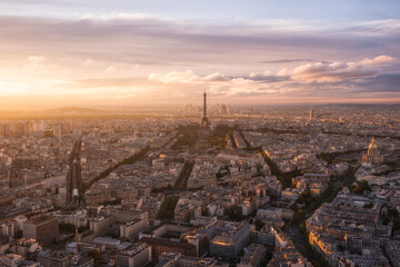 panorama of skyline of Paris with Eiffel Tower at sunset in Paris, France. Eiffel Tower is one of...