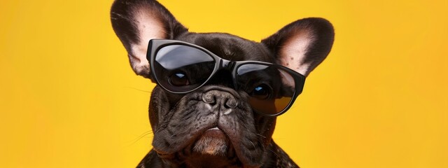 Close portrait of black french bulldog dog in fashion sunglasses. Funny pet on bright yellow background. Puppy in eyeglass. Fashion, style, cool animal concept with copy space - obrazy, fototapety, plakaty