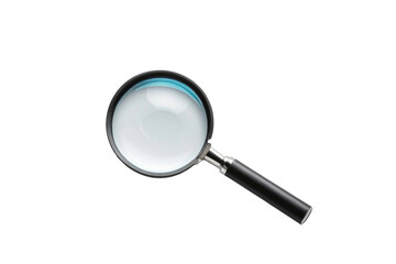 Single magnifying glass, center frame, investigating clues, detailed reflection, isolated on stark white background, studio lighting, high-resolution stock photograph, ultra clear, highly detailed