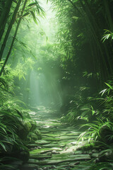 A serene bamboo forest path with towering green bamboo stalks on either side, lush ferns, and sun rays piercing through the mist, illuminating the stone-laden pathway and vibrant greenery.