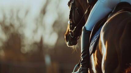 Close-up of a man riding a horse in the arena, emphasizing concentration and precision - obrazy, fototapety, plakaty