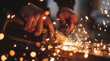 Close-up of a man's hands holding a metal cutting tool, sparks flying as he cuts a piece of metal