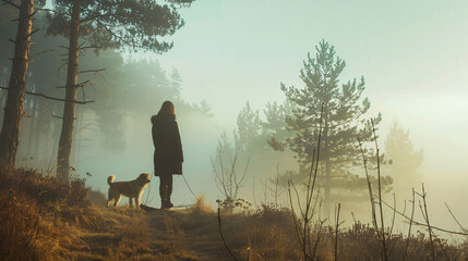 Woman and dog in a misty forest ..