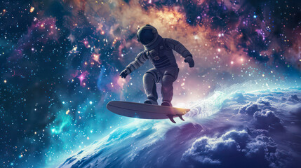 Cosmonaut in space on a surfboard - obrazy, fototapety, plakaty