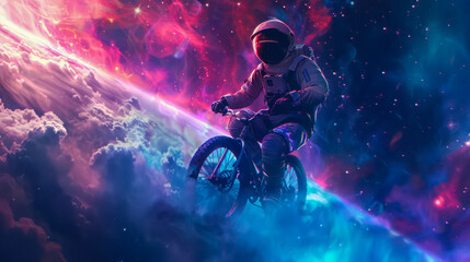 Cosmonaut in space on a bicycle - obrazy, fototapety, plakaty