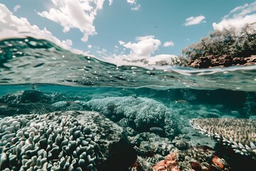 Aquatic Enchantment: Surreal Seascape where the Ocean Floor Shimmers Below Crystal-Clear Waters, Offering a Glimpse into a Mesmerizing Underwater World