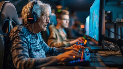 Elderly woman and male friend playing video game on computer - obrazy, fototapety, plakaty