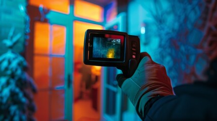 Thermal imager in a man's hand, the screen displays a thermal image coming out of a window