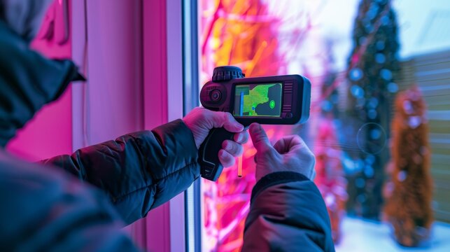 Man holds a thermal imager and points it at a window where a heat leak can be seen