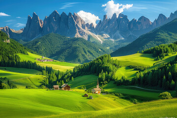 A picturesque landscape of the Dolomites in Italy, showcasing green pastures and charming villages nestled among snowcapped peaks under clear blue skies - obrazy, fototapety, plakaty