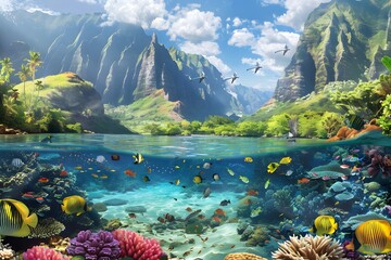 Skyward Sands: Mesmerizing Underwater World Where Sandy Ocean Floor Meets the Endless Sky, Creating an Enchanting Scene of Serenity and Majesty