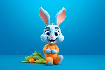 funny cartoon blue Easter bunny holding carrot