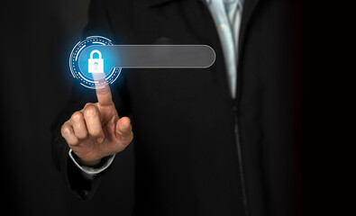 Cybersecurity and privacy concepts to protect data. Lock icon and internet network security technology. Businessman protecting personal data on smartphone, virtual screen interfaces. Cybersecurity.