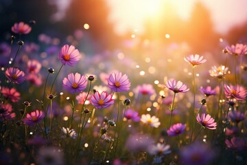 Obraz na płótnie Canvas Colorful flower meadow with sunbeams