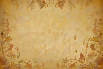 autumn soft color golden yellow warm background parchment with a thin barely noticeable floral ornament, wallpaper copy space, vintage design Generative AI