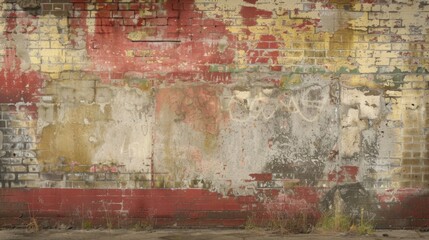 Aged brick wall with peeling paint in red, yellow, and white, hint of past signage, nostalgia concept