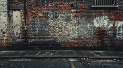Urban streetscape with weathered brick wall, fading paint over door, and road markings concept of city life - obrazy, fototapety, plakaty