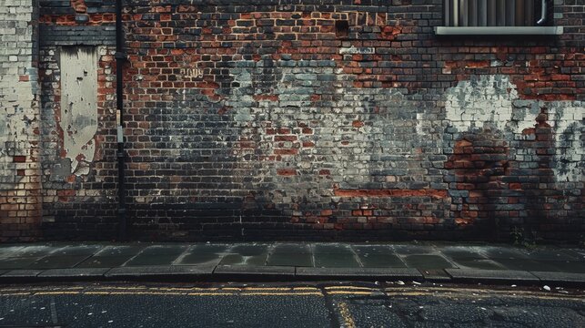 Urban streetscape with weathered brick wall, fading paint over door, and road markings concept of city life