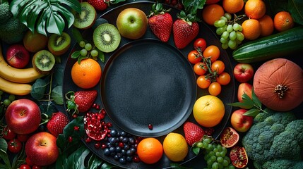 Stunning arrangement of vibrant fruits and vegetables surrounding an empty black plate at the cent - obrazy, fototapety, plakaty