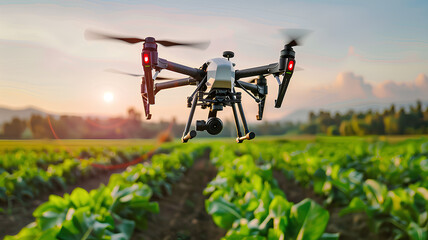 Agricultural Drone Over Farm at Sunset
. An advanced drone equipped with cameras flies over a lush farm field during a picturesque sunset, exemplifying modern agricultural technology.
 - obrazy, fototapety, plakaty