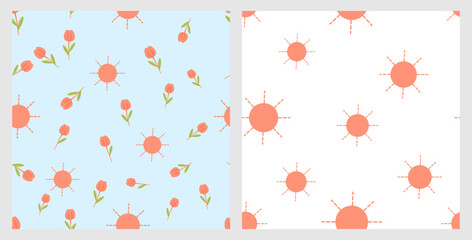 Fototapeta premium Seamless pattern with tulip flower, green leaf and sun on blue and white background vector.
