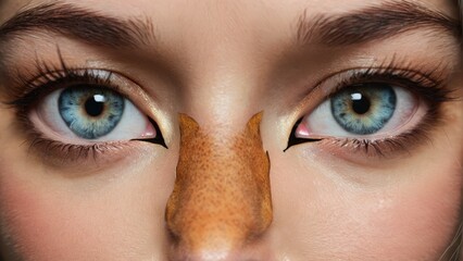 Obraz premium A stunning close-up portrait of a female face boasting piercing blue eyes and a creative paper-shaped nose
