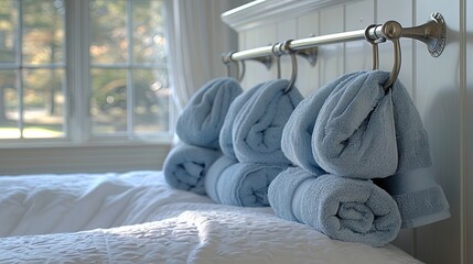 Folded laundry arranged neatly on the bed, representing the satisfaction of completing household t
