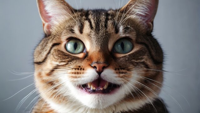  A close-up photograph of a cat's face, showcasing its wide-open mouth with visible teeth
