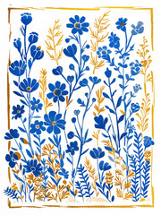 A painting featuring blue flowers against a white background, showcasing the delicate petals and vibrant hues