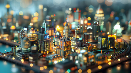 Obraz premium Futuristic Miniature City with Vibrant Illumination . A hyper-detailed, miniature urban landscape bathed in warm orange and cool blue lights, depicting a bustling, futuristic city. 