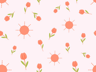Seamless pattern with tulip flower and sun on pink background vector.