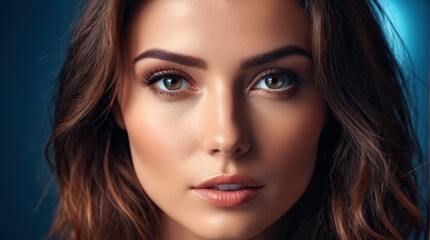 Fototapeta premium A captivating portrait of a woman with lustrous brown hair, enhanced by stunning blue eyeshadow against a serene blue backdrop
