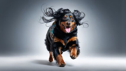  A black and brown dog sprints with its hair billowing in the wind, its mouth agape, and its tongue extended