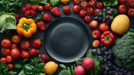 Captivating image showcasing a medley of wholesome fruits and vegetables arranged around an empty